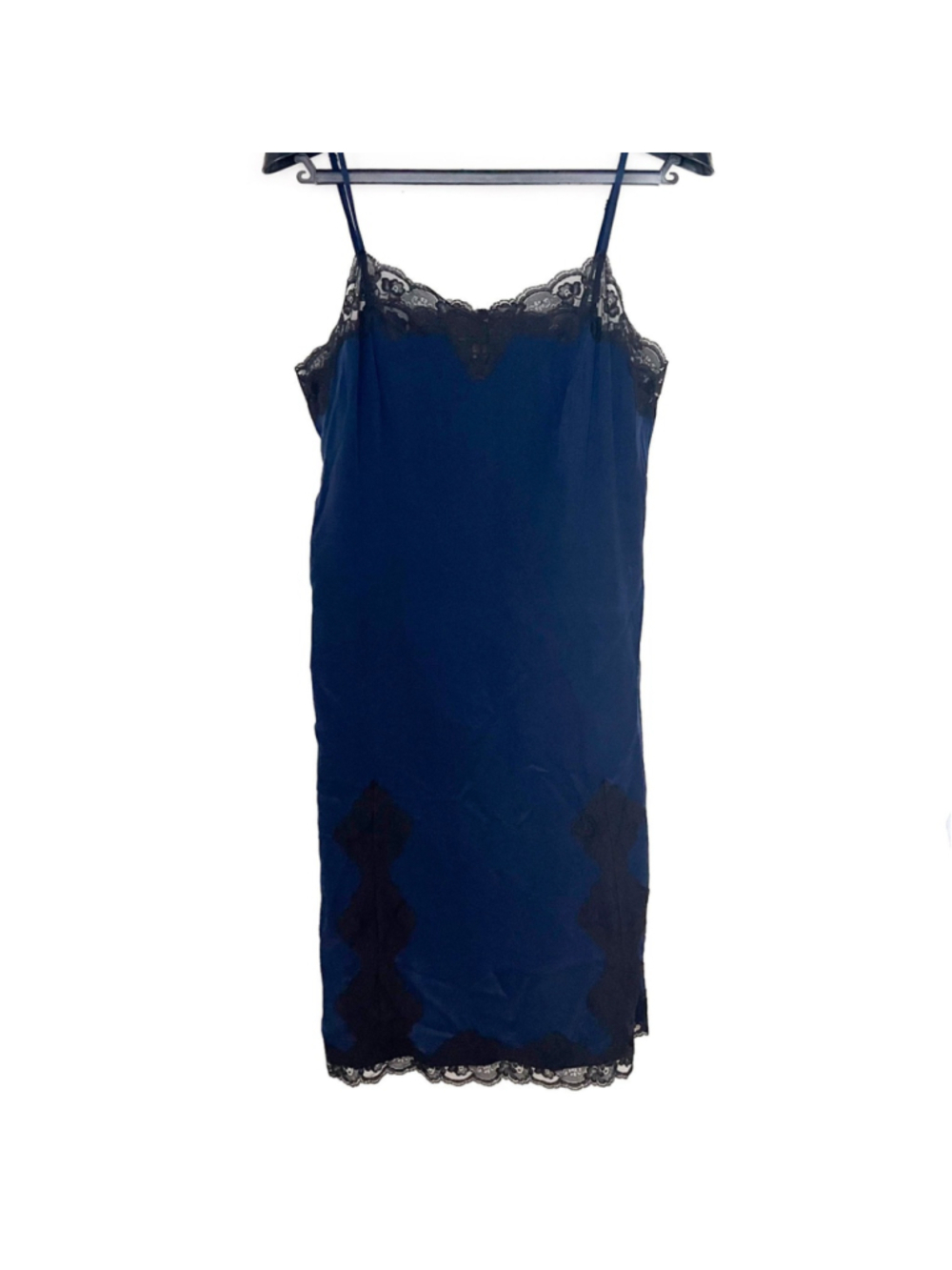 Libertine For Target Navy Blue Black Lace Trim Silk Slip Dress Whimsigoth Y2K